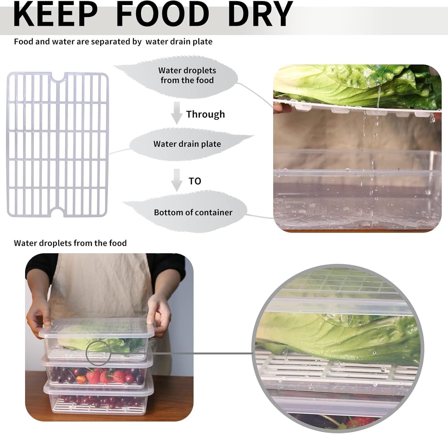 Food Storage Container 3-Pack Plastic Food Containers W/ Removable Drain Plate