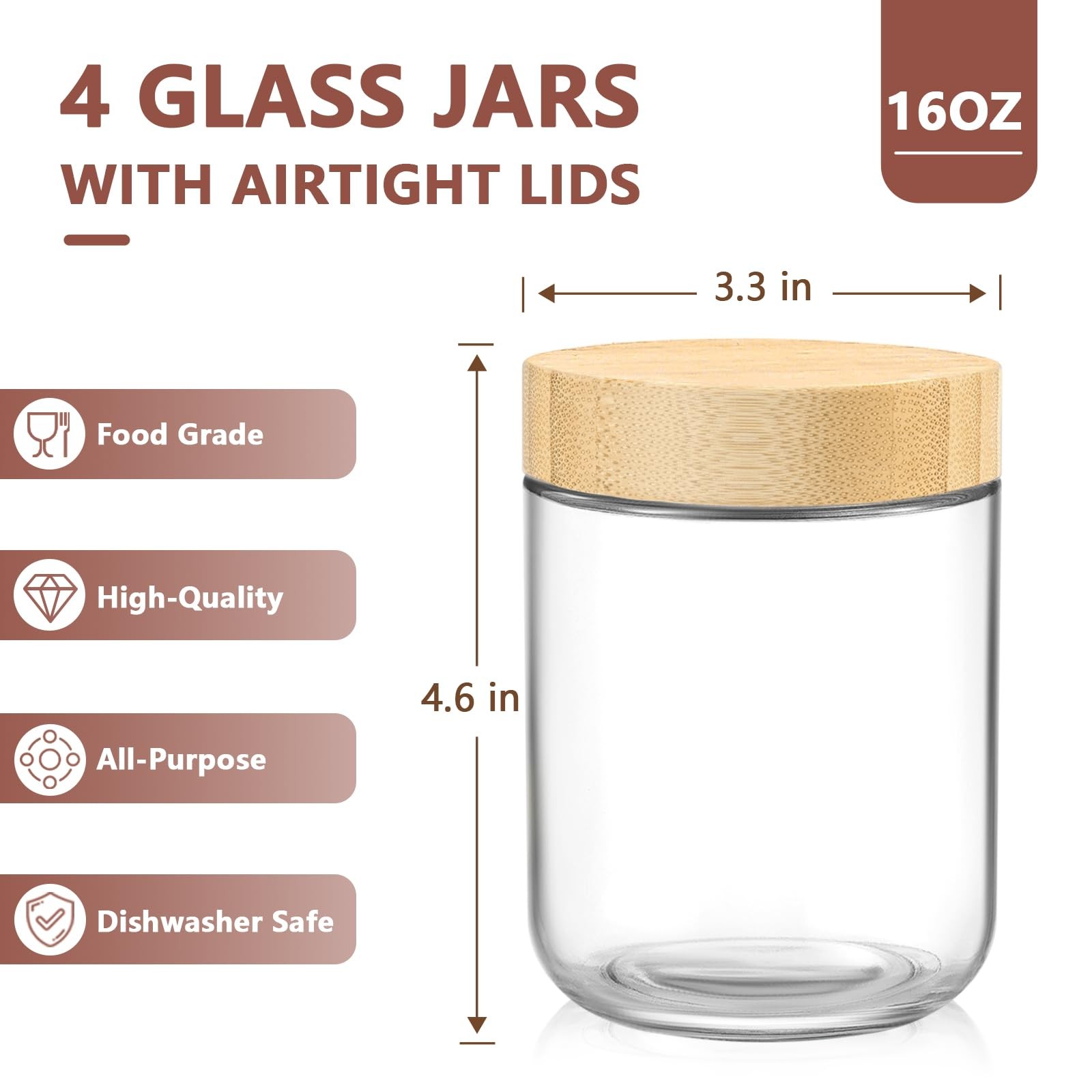 16 Oz Overnight Oats Containers with Lids – 4 Pack Glass Storage Jars with Ai…