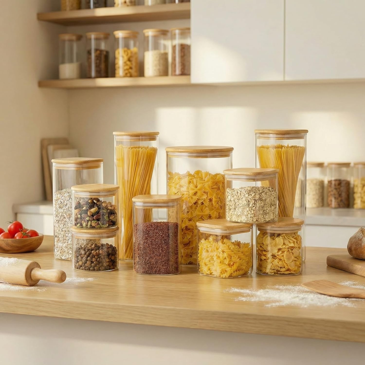 42oz – 4 Pack Square Glass Jars with Bamboo Lids, Glass Food Storage Containers