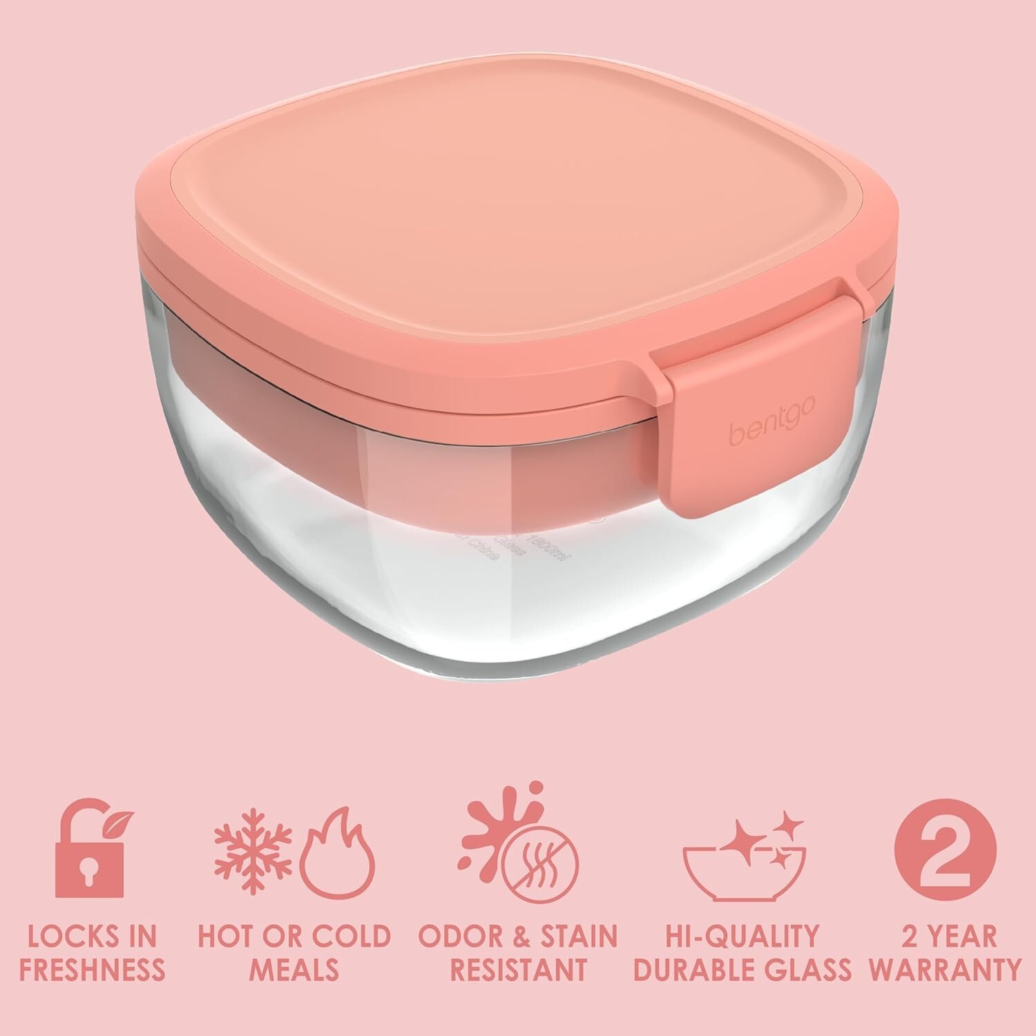 61-oz Glass Salad Bowl with Bento Tray & Leak-Proof Sauce Container – Coral