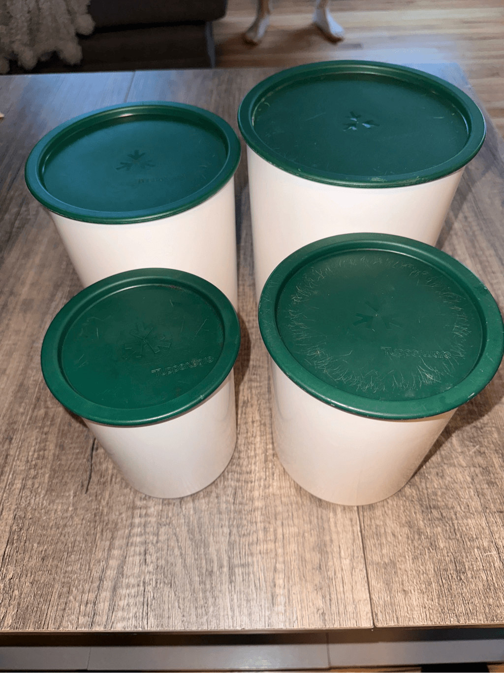 Tupperware White One Touch Canister Set of 4Hunter green lids
