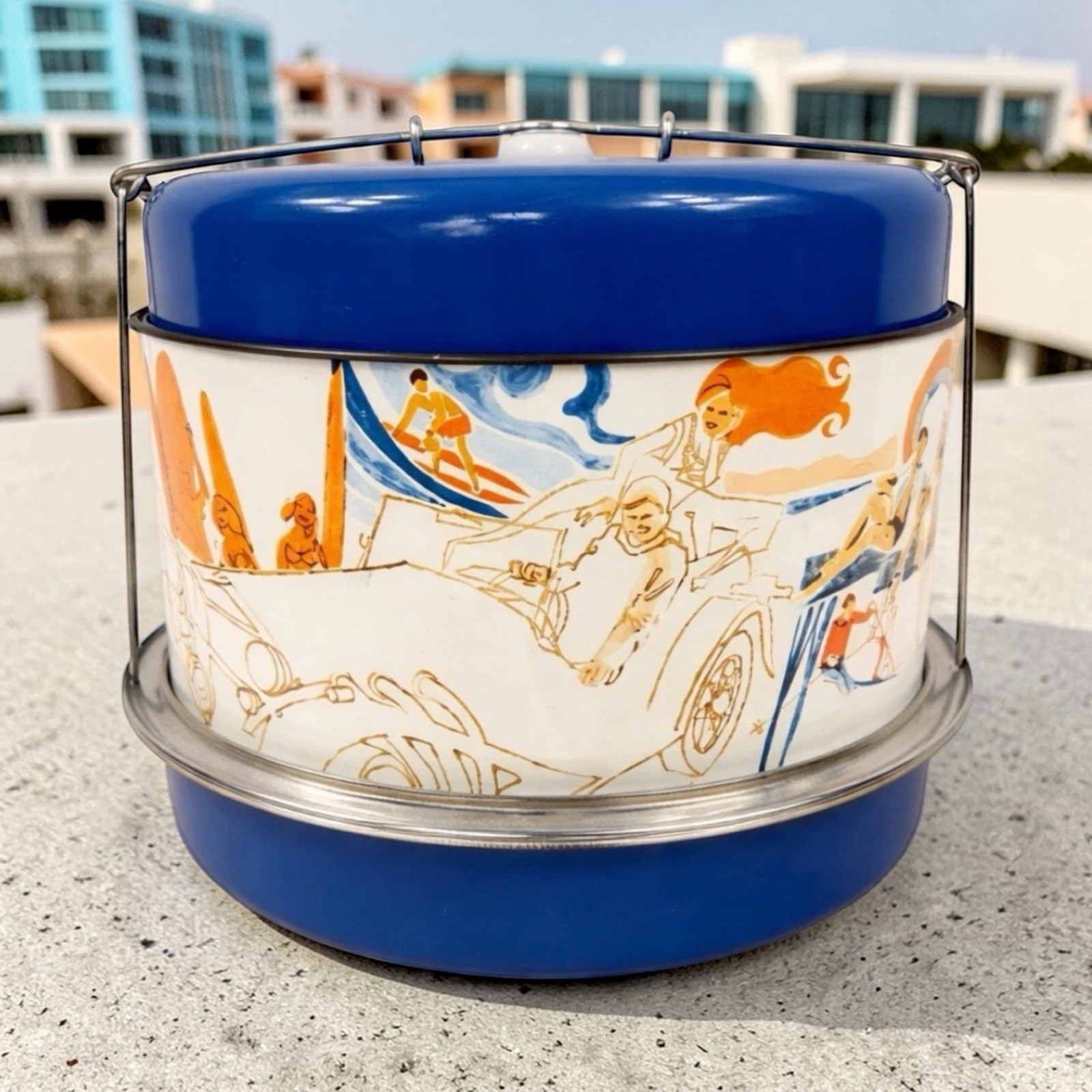 Vintage Retro Cake Carrier Triple Decker Metal by JL Clark w/Beach Scene