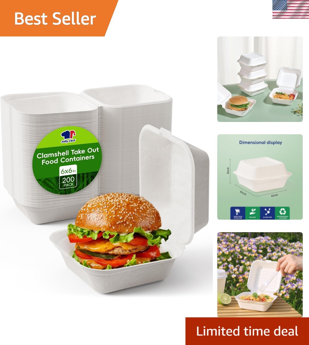 Clamshell Take Out Food Containers, [6 * 6″ 200-Pack] To Go Containers Dispos…