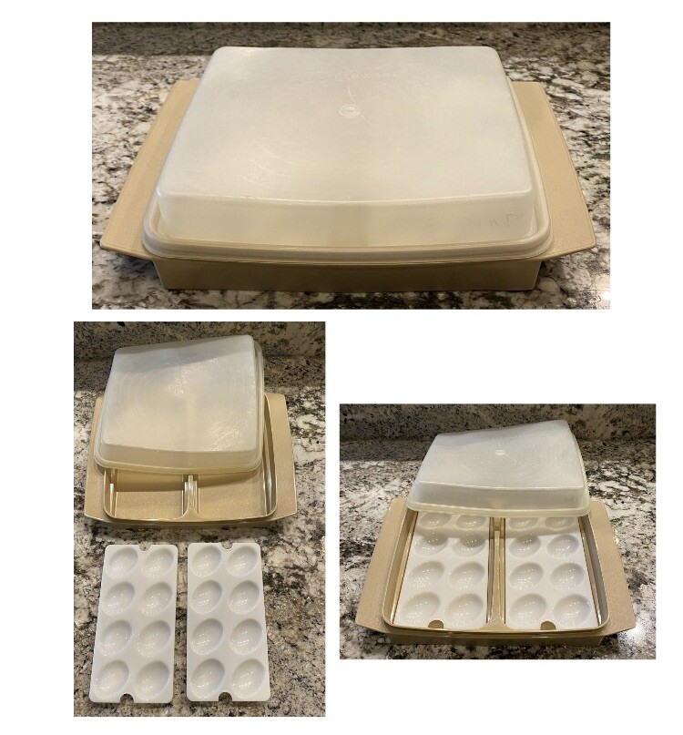 VINTAGE TUPPERWARE Egg Keeper Carrier 4-pc Tray & Lid Sandstone 723