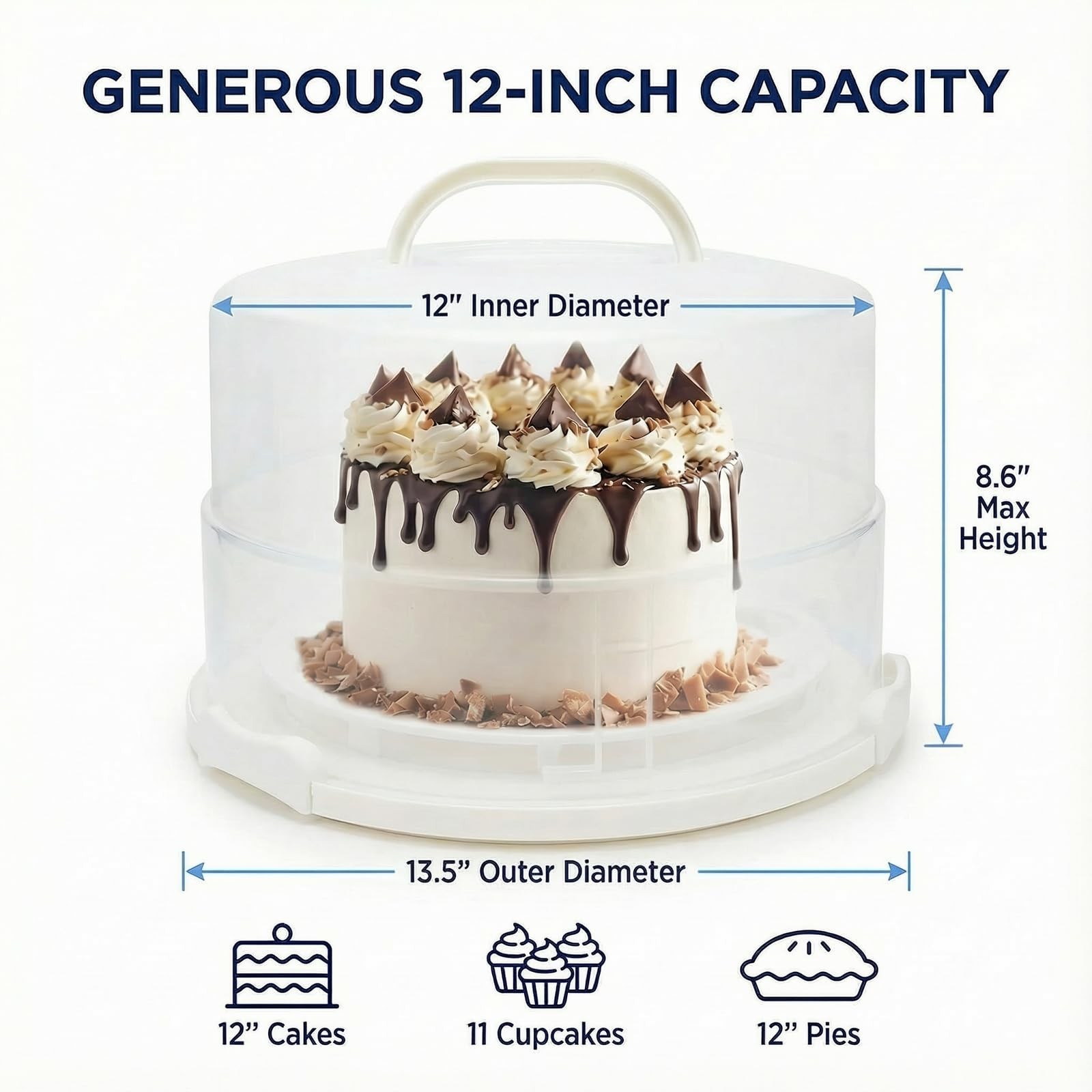 12 Inch Cake Carrier with Lid and Handle – Heavy-Duty 13.5″, White