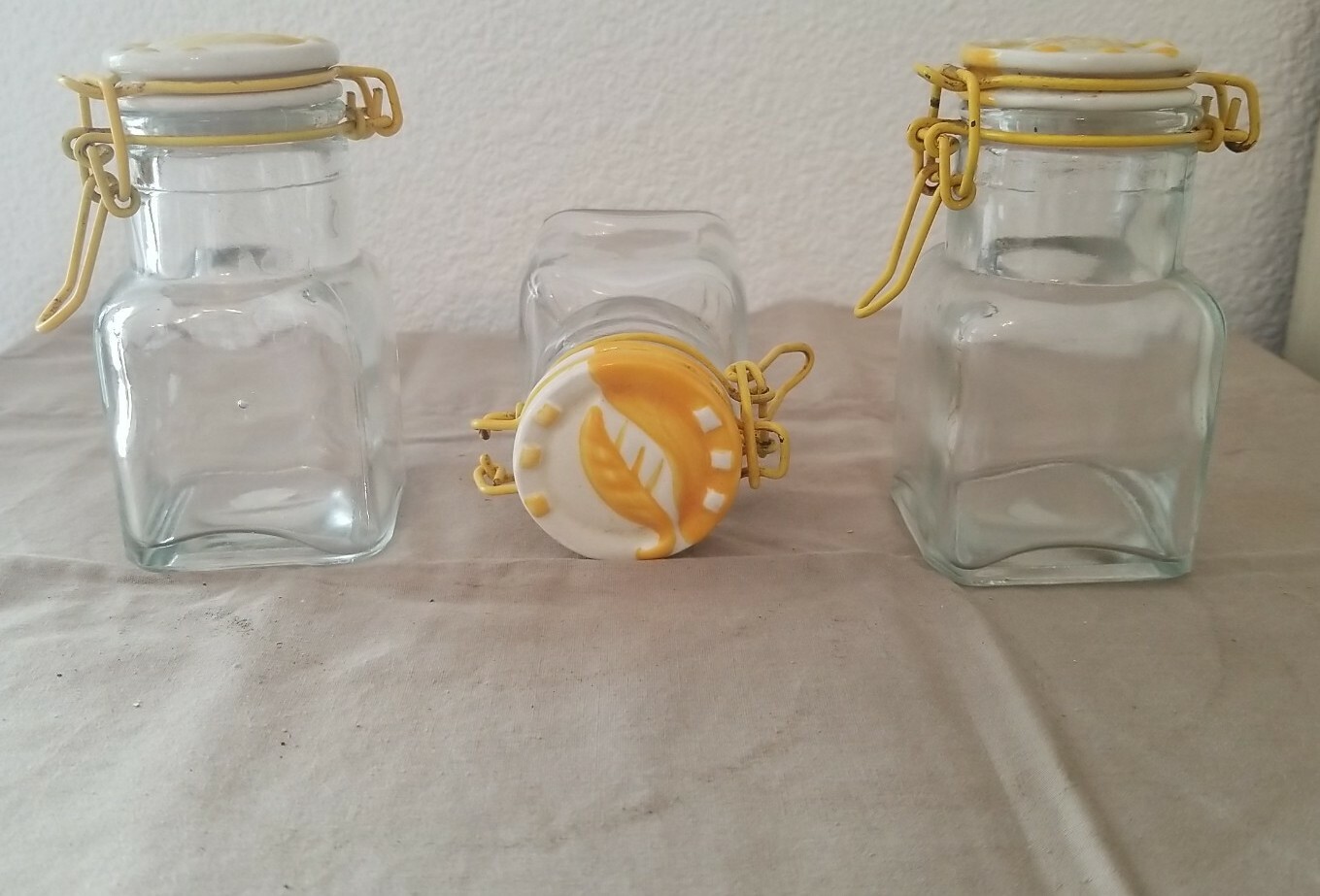 Vintage Spice Style Square Jars Hinged Clamp Down Lids Leaf Print Set of 3!