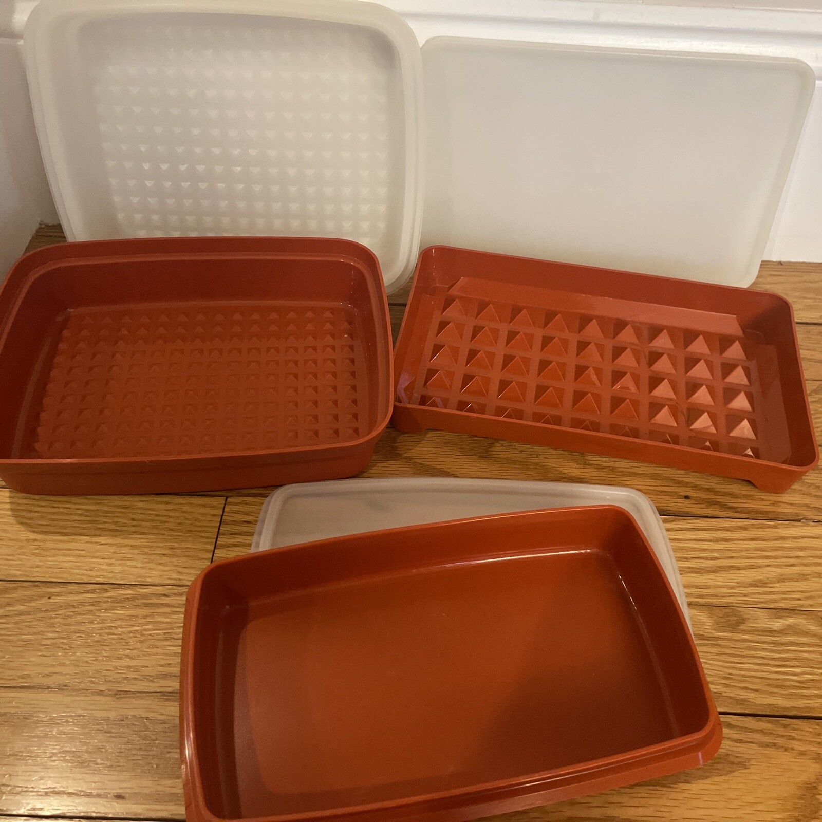 Vtg 6 Pc Lot Tupperware Orange Rectangle w/Clear Lids Meat Keeper Storage Retro