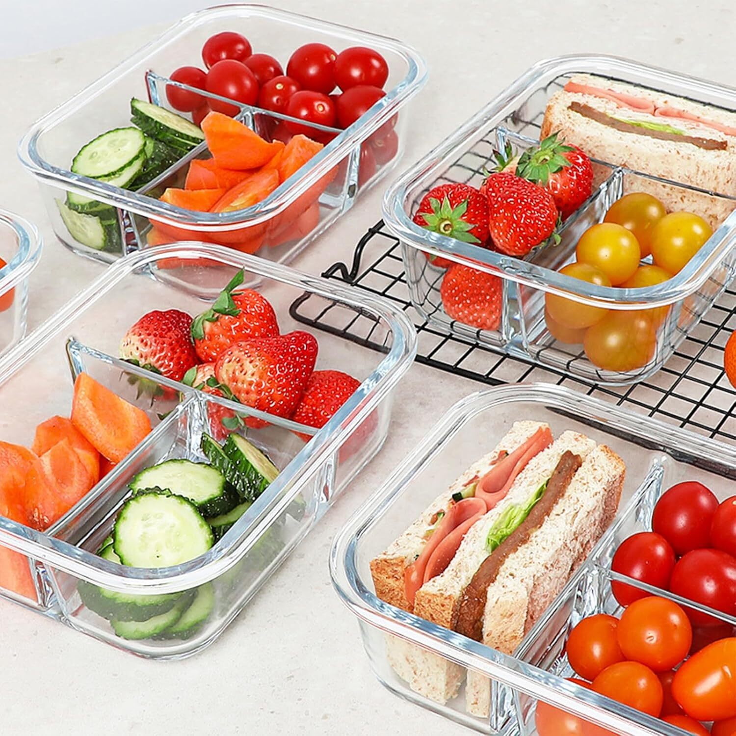 Glass Containers 3 Compartments 5 Pack 36 oz with Lids Freezer & Microwave Safe