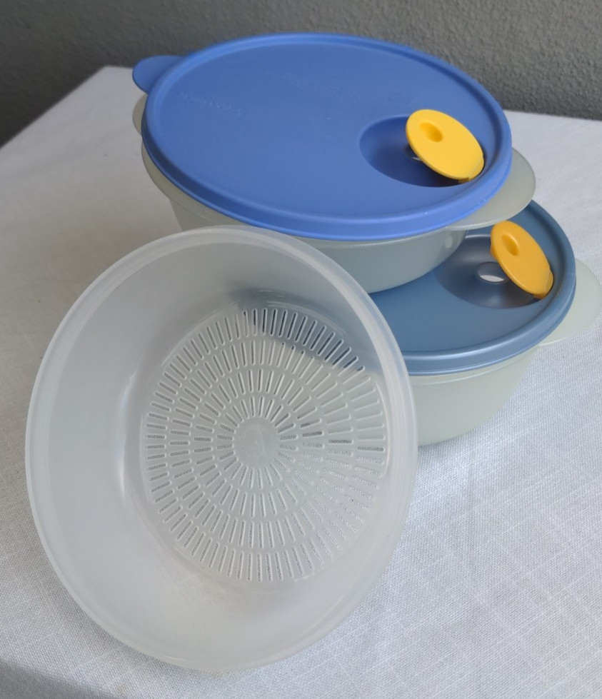 LN/NEW CrystalWave Microwave 2 Bowls 6.25C/4.25C,Blue Vent Lids,Steamer/Colander
