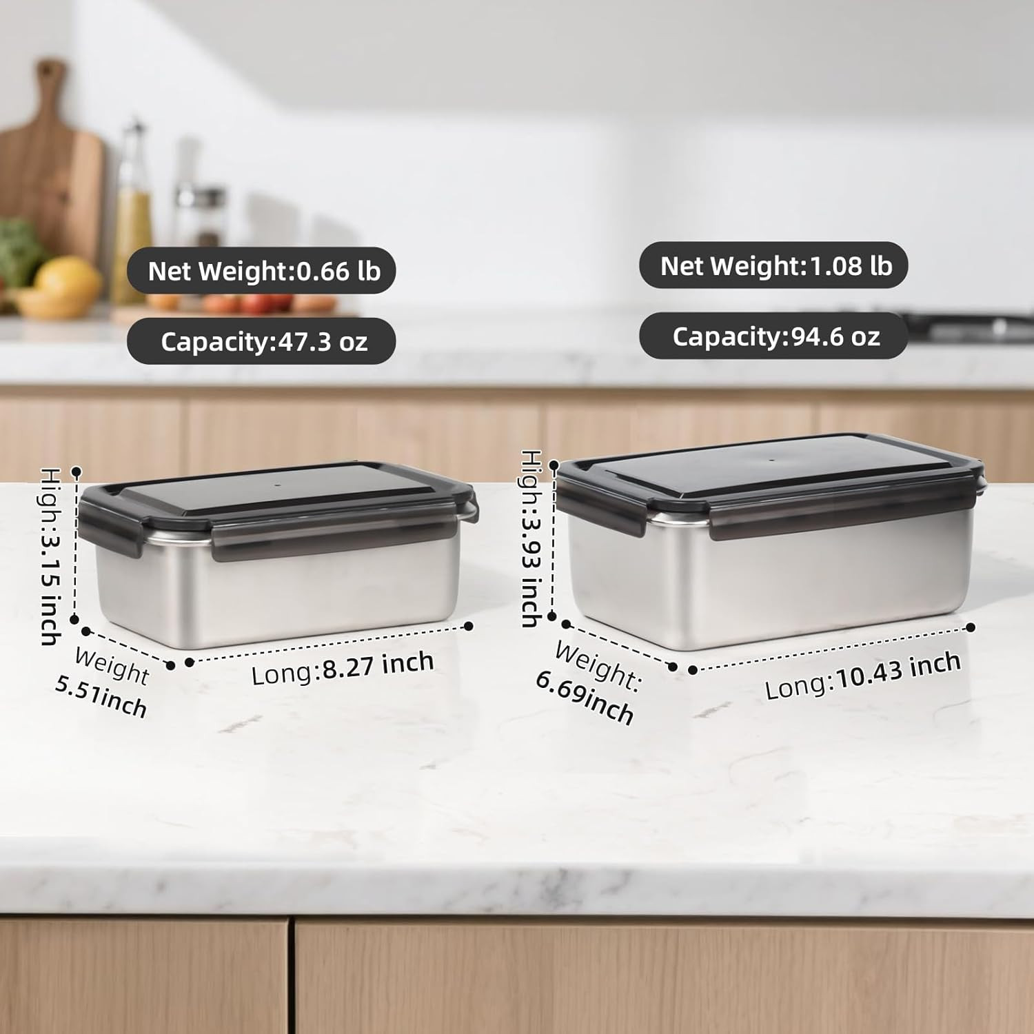 18/10 Stainless Steel Freezer Storage Containers Set of 2, 47Oz 94Oz Food Contai