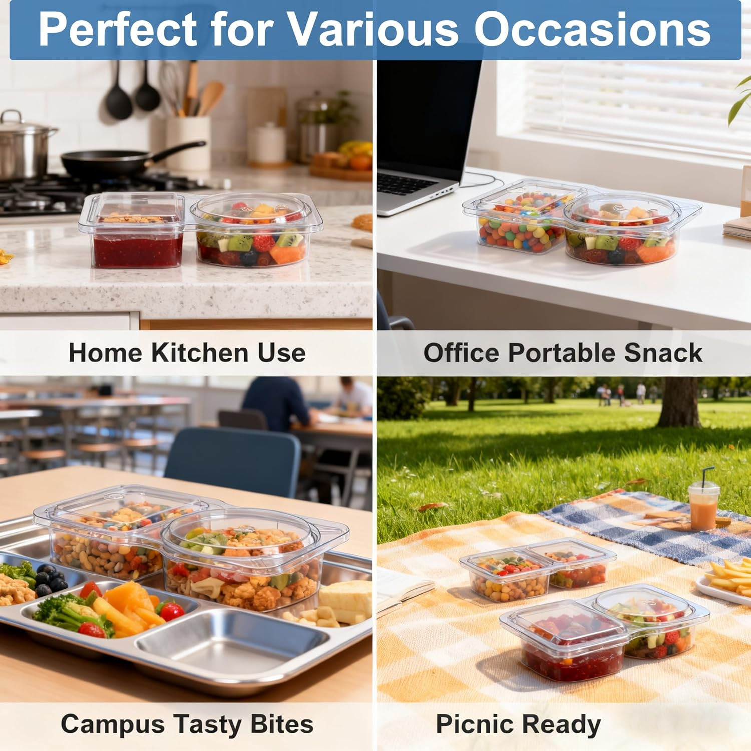 20 Pack Reusable Snack Containers with Lids, Double Compartment Snack Containers