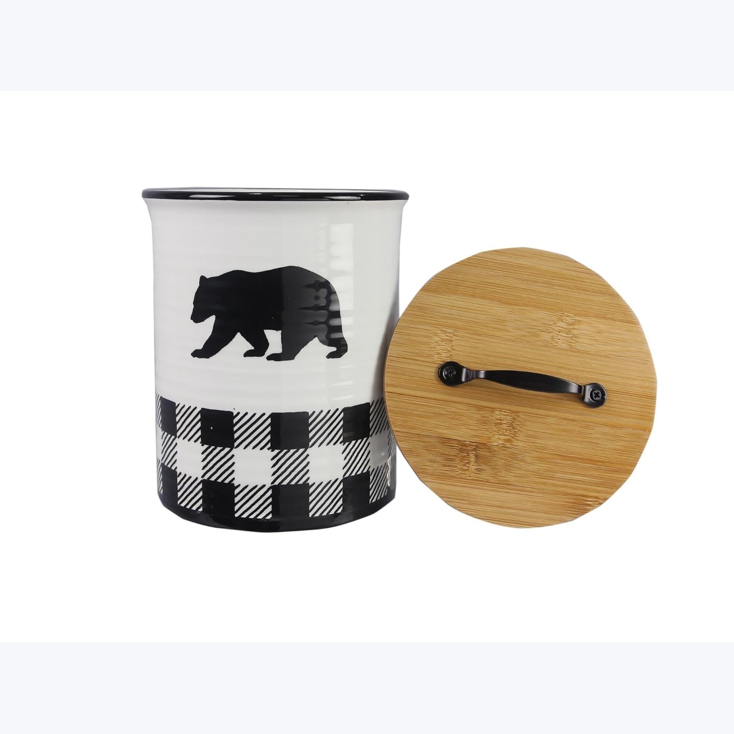 Young’s Ceramic Treat Jar with Airtight Lid, Black and White Buffalo Plaid Bear