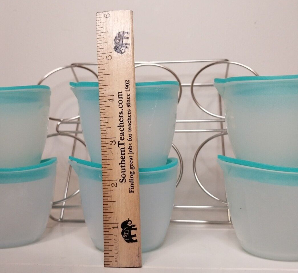 Pampered Chef Mini Freezer Bowls Teal Lids in Metal Storage Rack Disc VG #100181