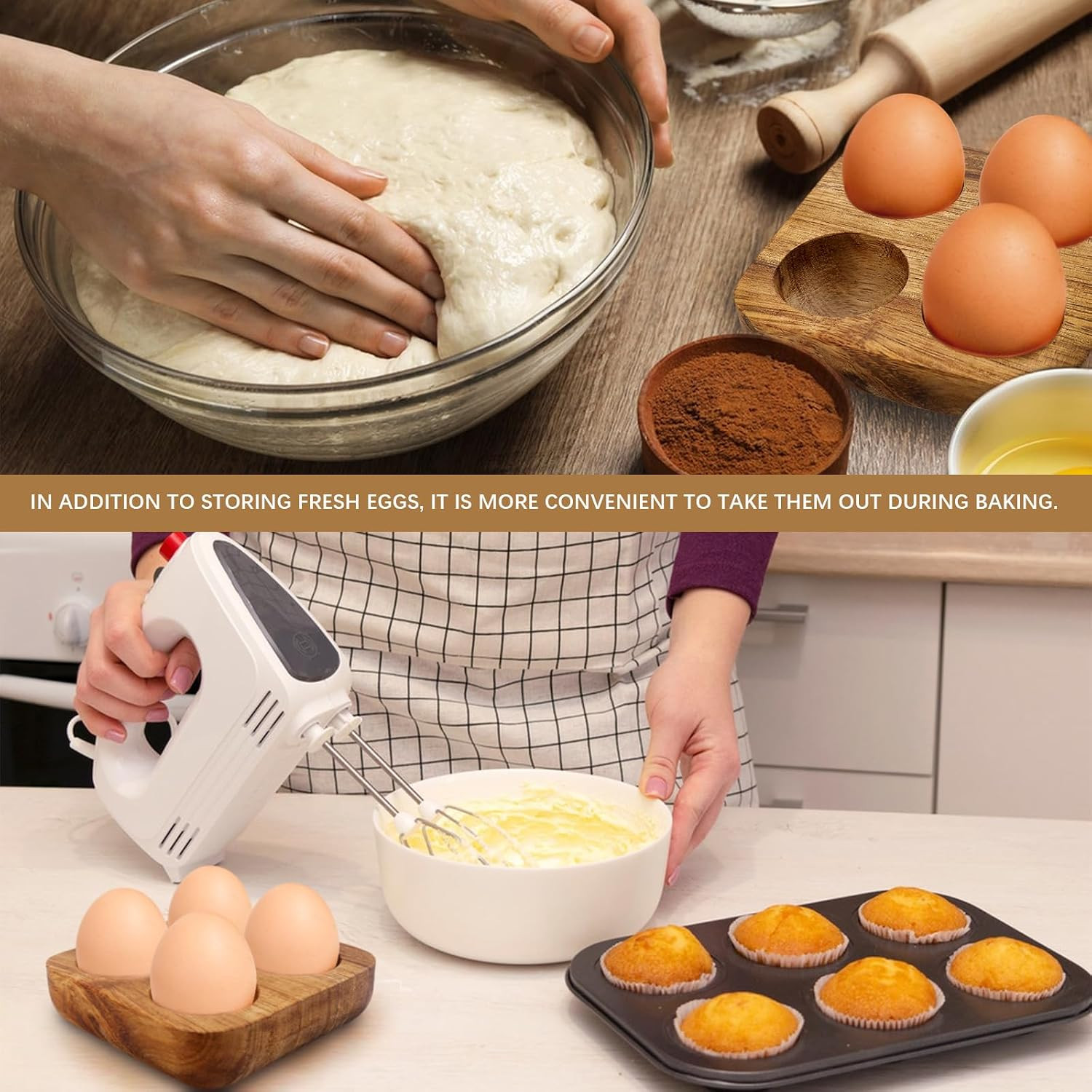4 Slots Wooden Egg Tray, Egg Holder for Kitchen Refrigerator Countertop Display
