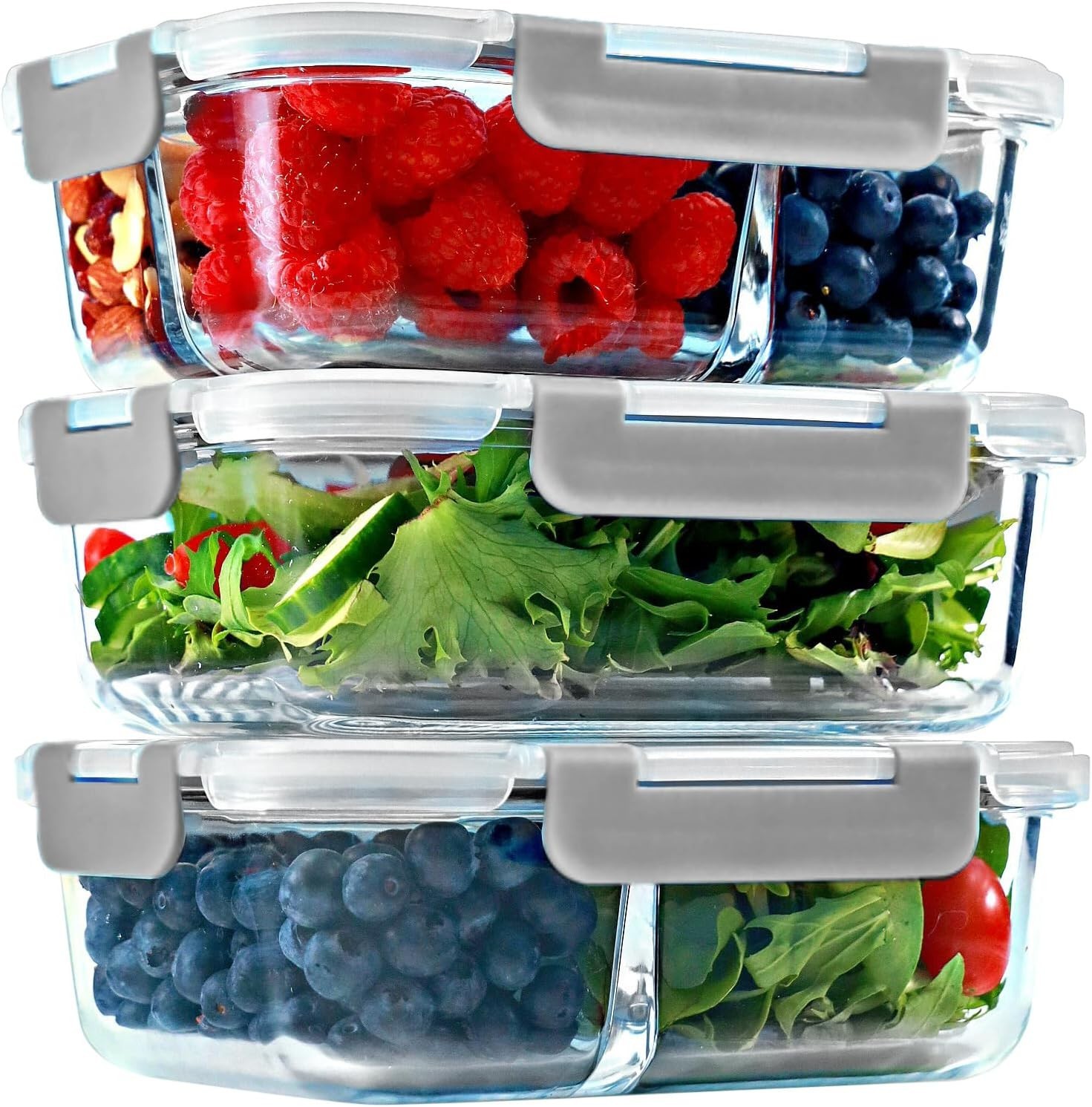 2 & 3 Compartment Glass Meal Prep Containers 4 Pack 32 oz Glass Food Storage