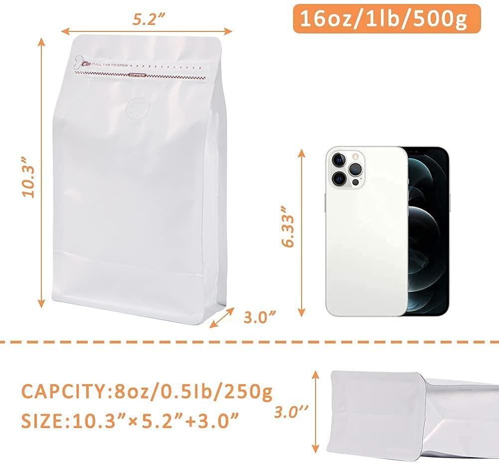 Coffee Bags with Valve(100pcs,16oz) White High Barrier Aluminumed Foil Flat B…