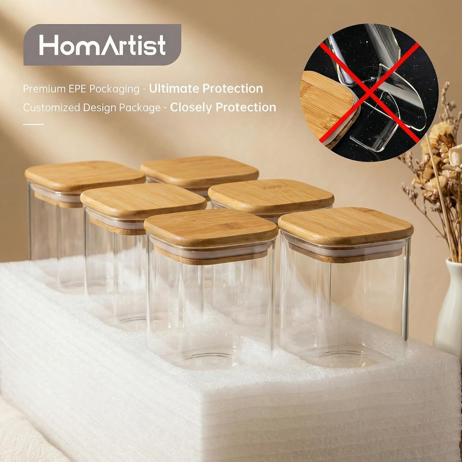 42oz – 4 Pack Square Glass Jars with Bamboo Lids, Glass Food Storage Containers