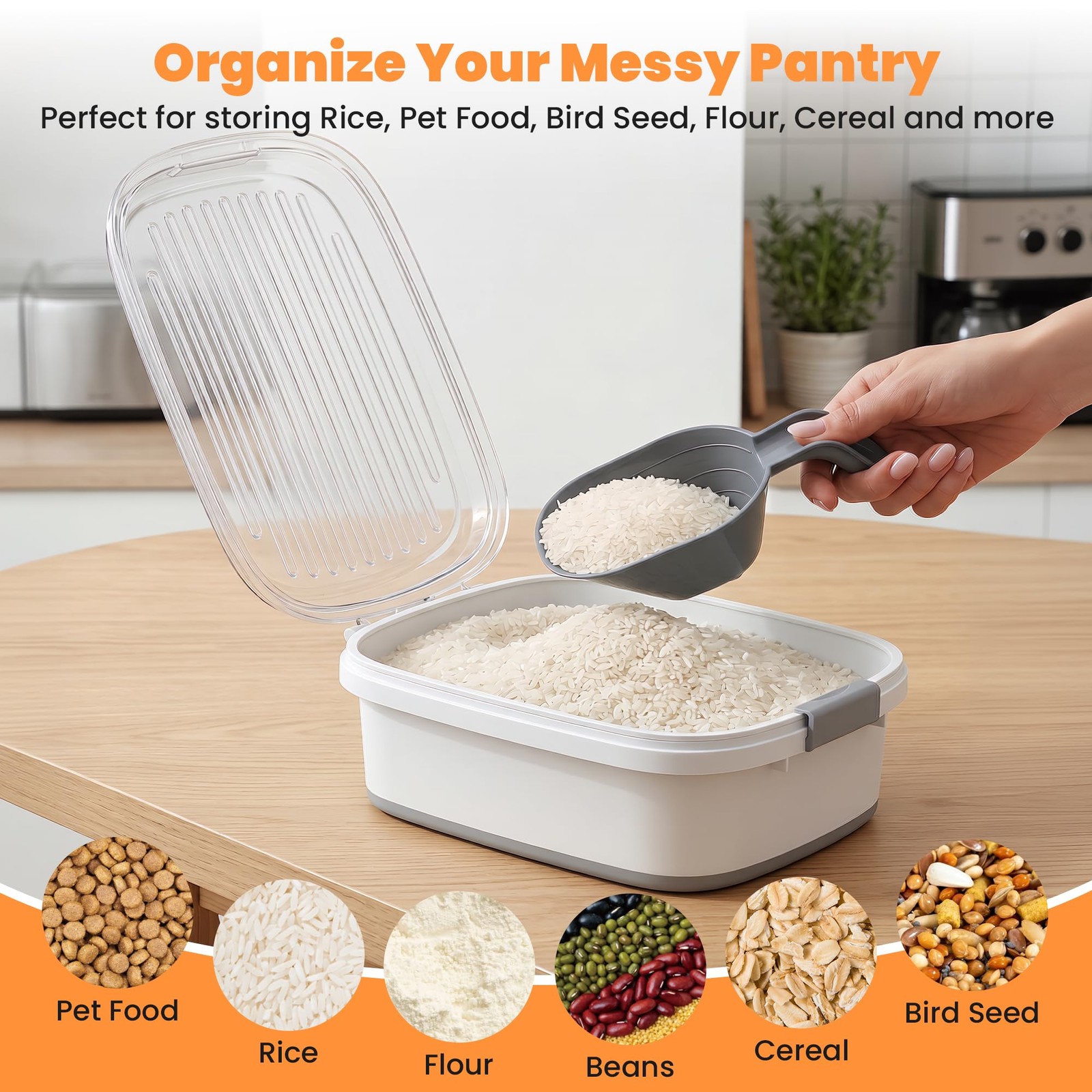 NURYO 50 Lbs Rice Storage Container with Wheels, Large, Grey/50lbs