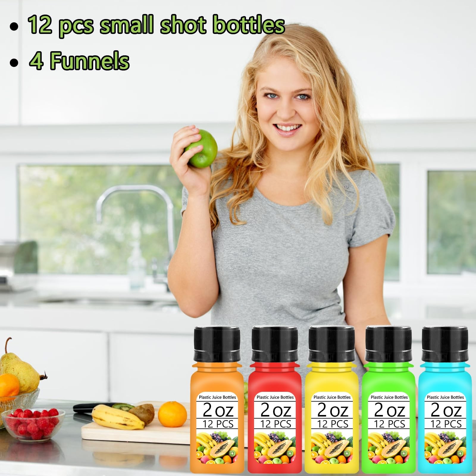 12 Pcs 2oz Small Shot Bottles with Black Caps Plastic Containers with 4 Funnels