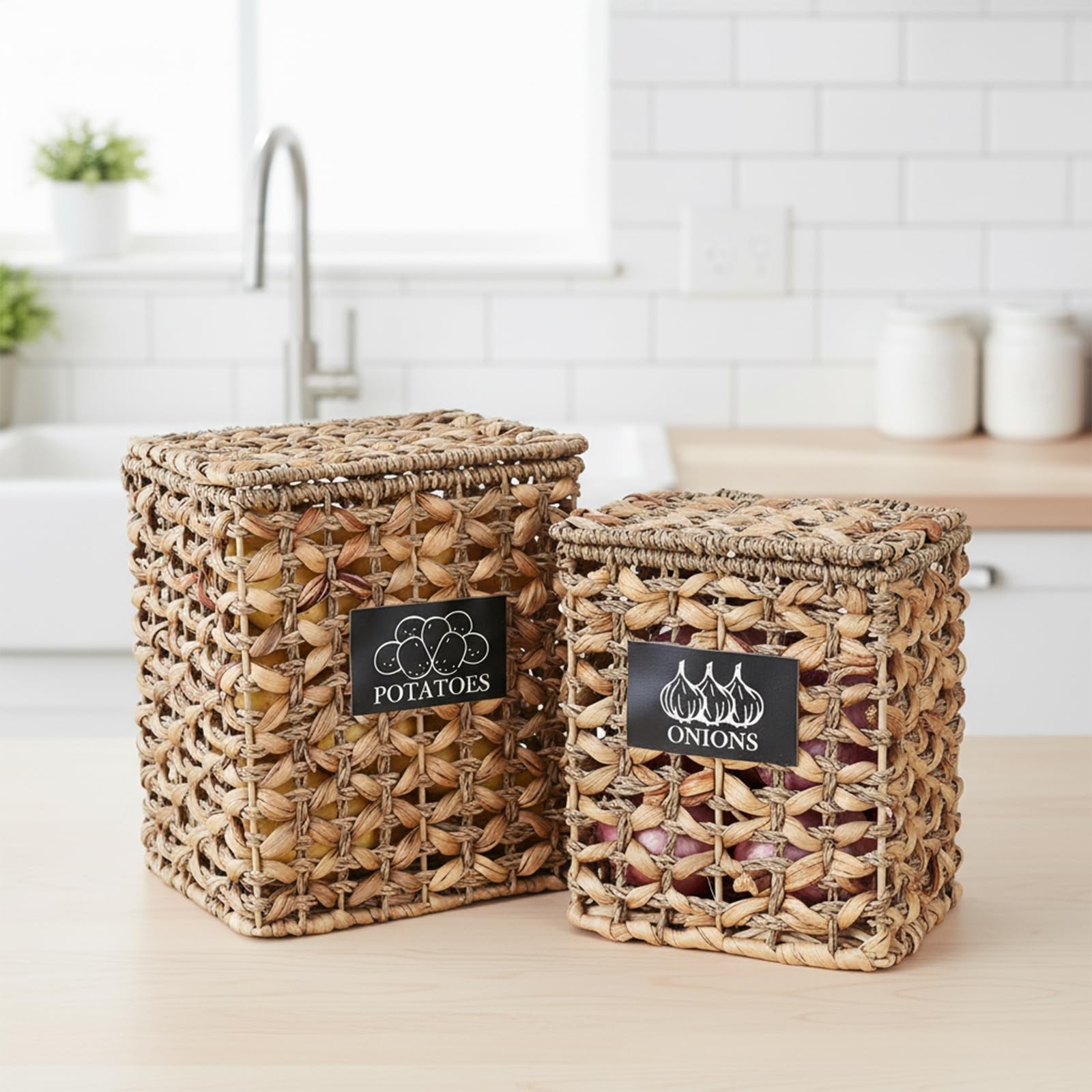 Mowhut 2 Pack Potato and Onion Storage Bin, Stackable Woven Basket with Lid, …
