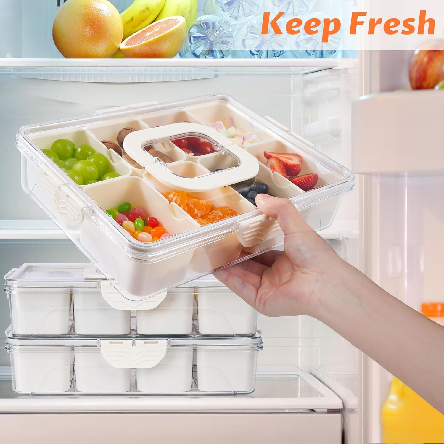 Snackle Box Container, Dishwasher Safety – Divided Serving Tray with Lid and Han