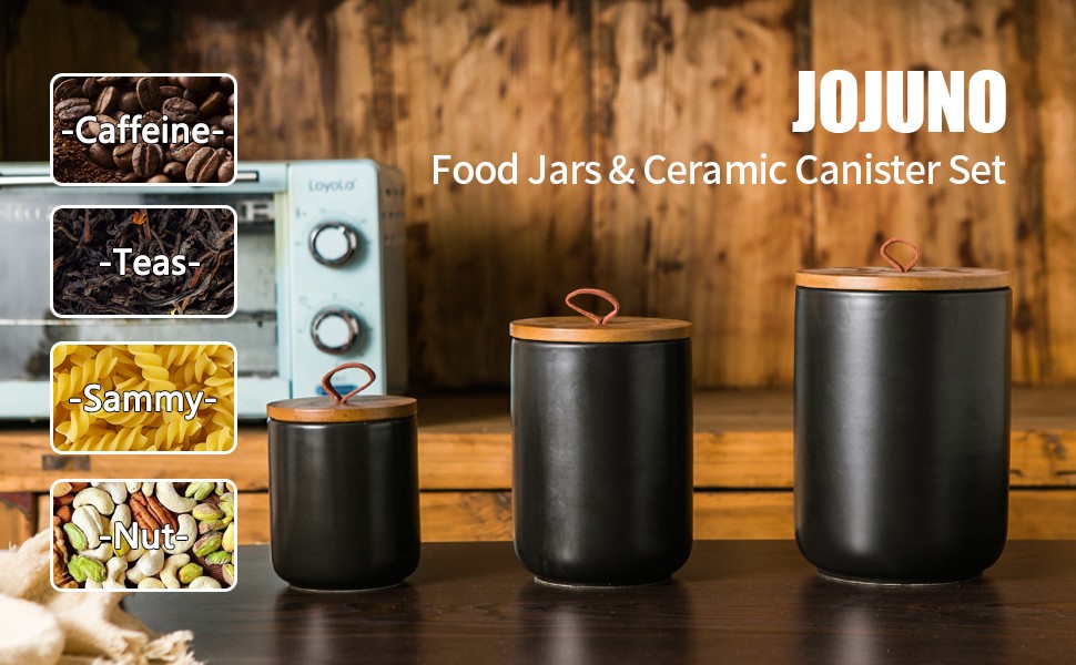 Black Ceramic Canister Set with Wooden Lid, 3-Piece Airtight Food Storage Jars