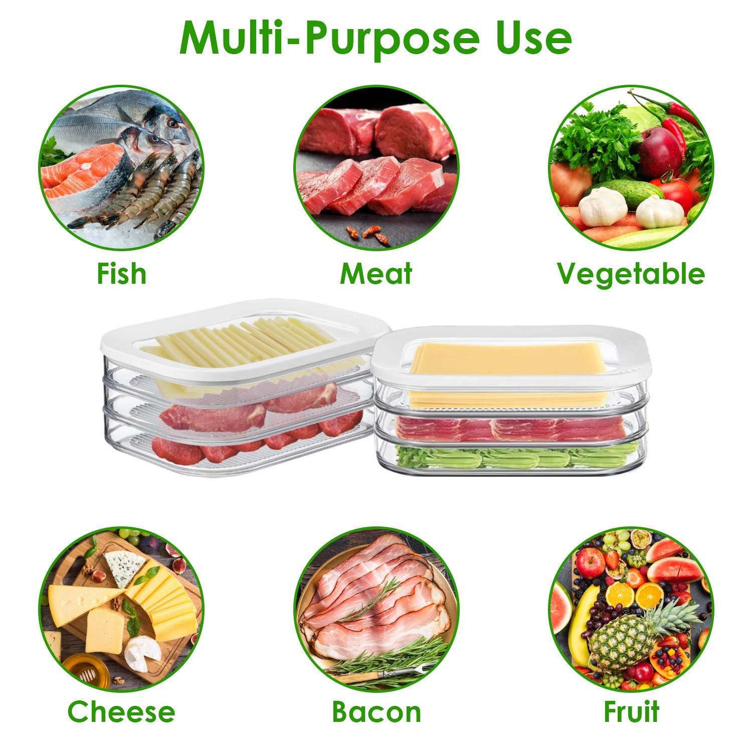 2pcs 3-Tier Meat Container Stackable Food Storage Boxes with Lid for Fridge