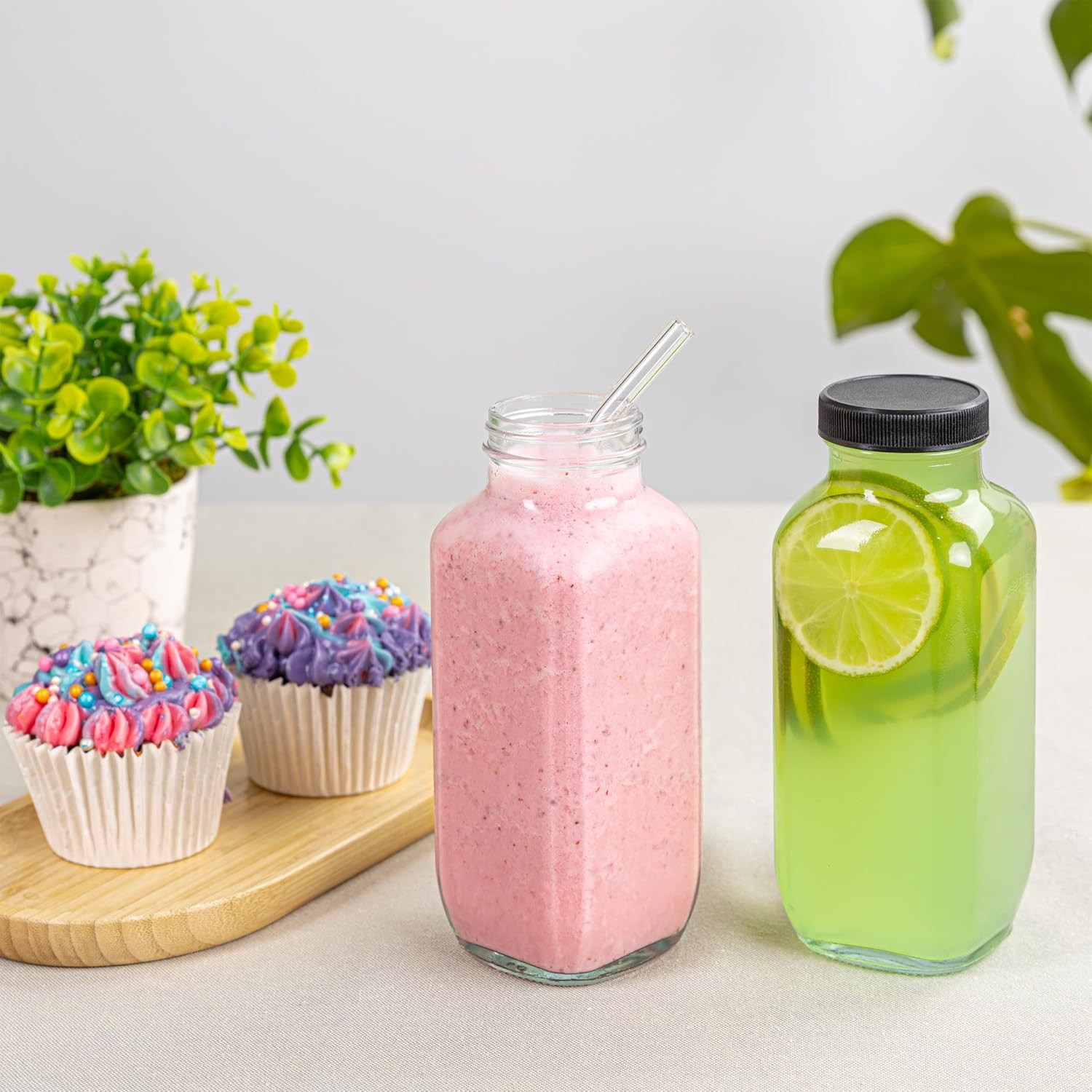 Juice Bottles with Lids, 16 Oz, Set of 3 | Clear Glass Jars with Caps, Reusable