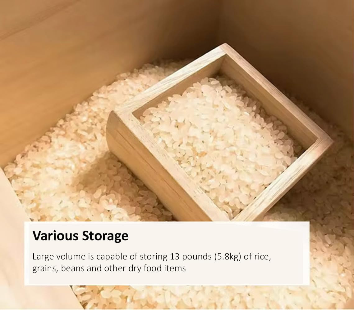 Wooden Rice Storage Container with Lid and Measuring Cup, 13Lbs (5.8Kg) – Grains