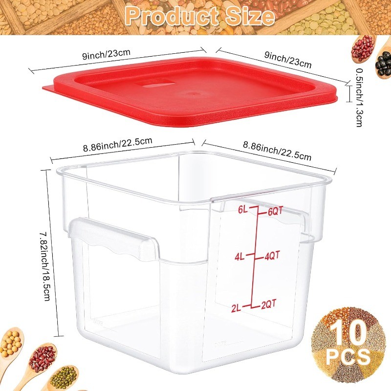 10 Sets 6 Qt Square Food Storage Containers with Lids Commercial Polycarbonate