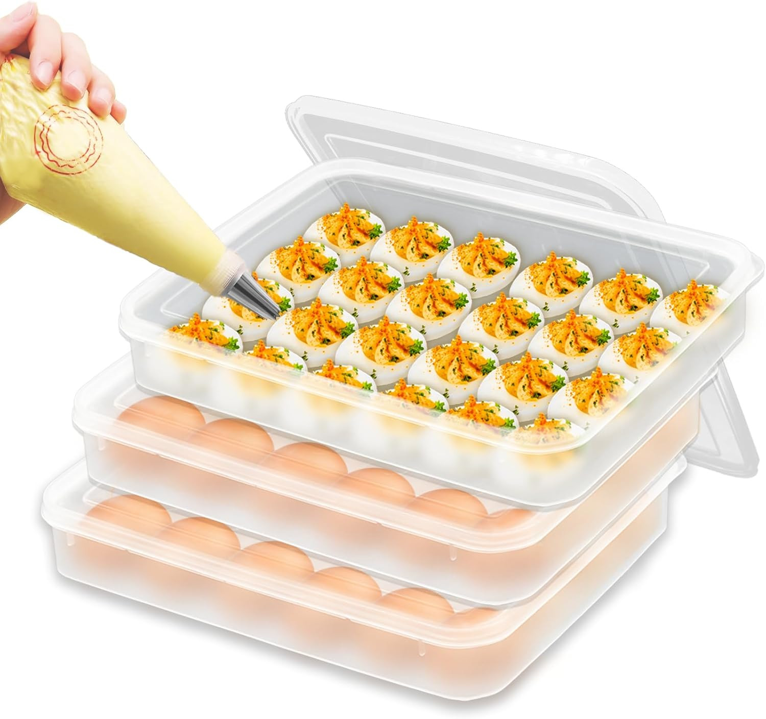 3 Pack Deviled Egg Tray w/ Lid 72 Count Stackable Carrier