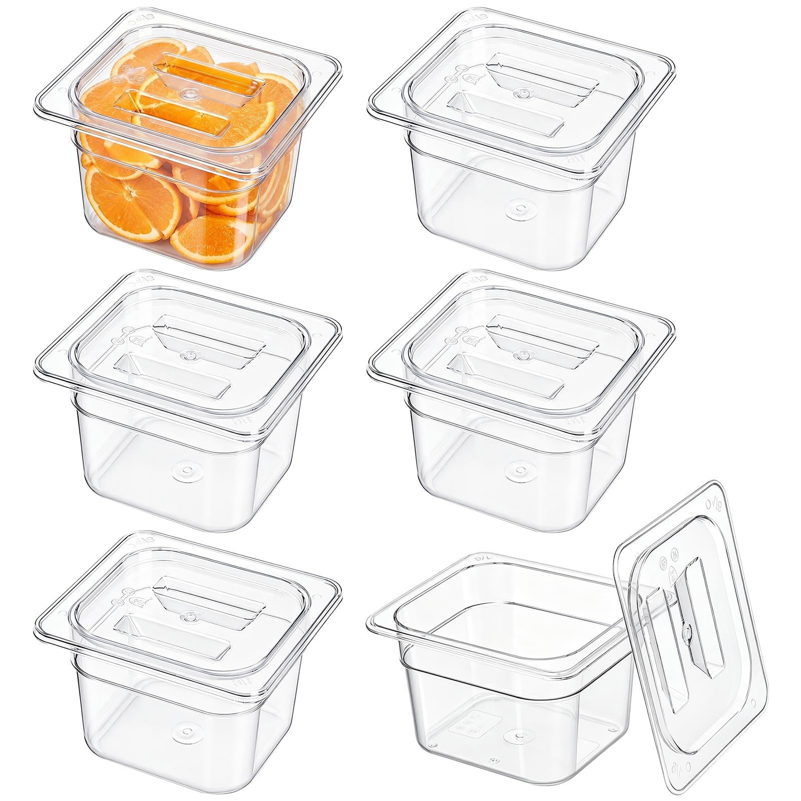 6 Pack 1/6 Size Clear Polycarbonate Food Pans with Lids for Kitchen Restaurant F