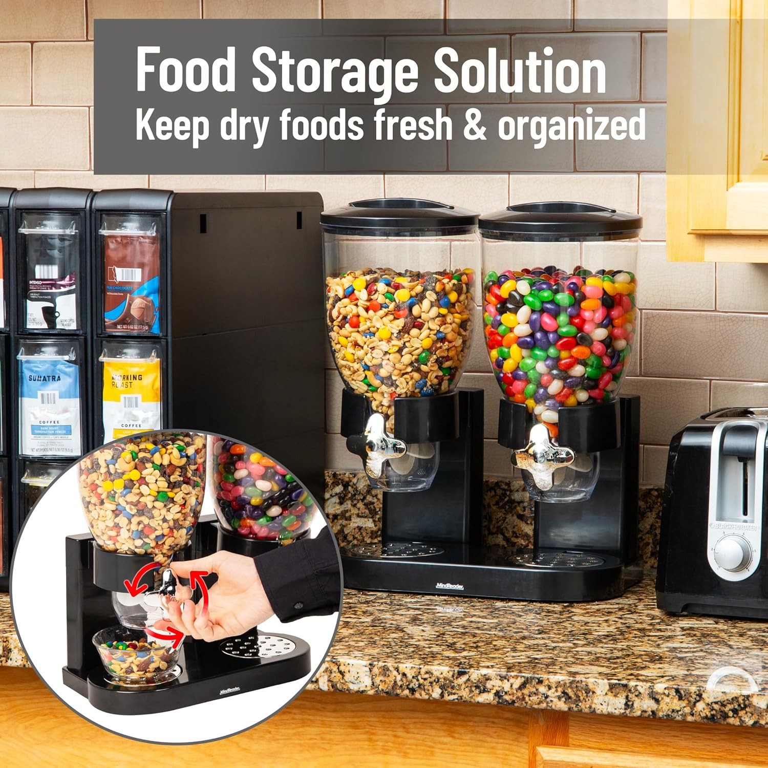 Double Dry Food Dispenser, 2 x 3.5L Countertop Containers for Cereal, Granola,