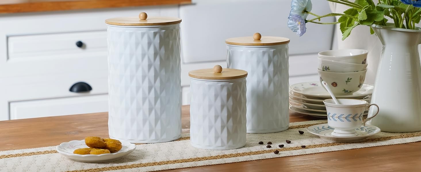 Kitchen Canister Set of 3 Tea Coffee Sugar Containers with Airtight Bamboo Lids