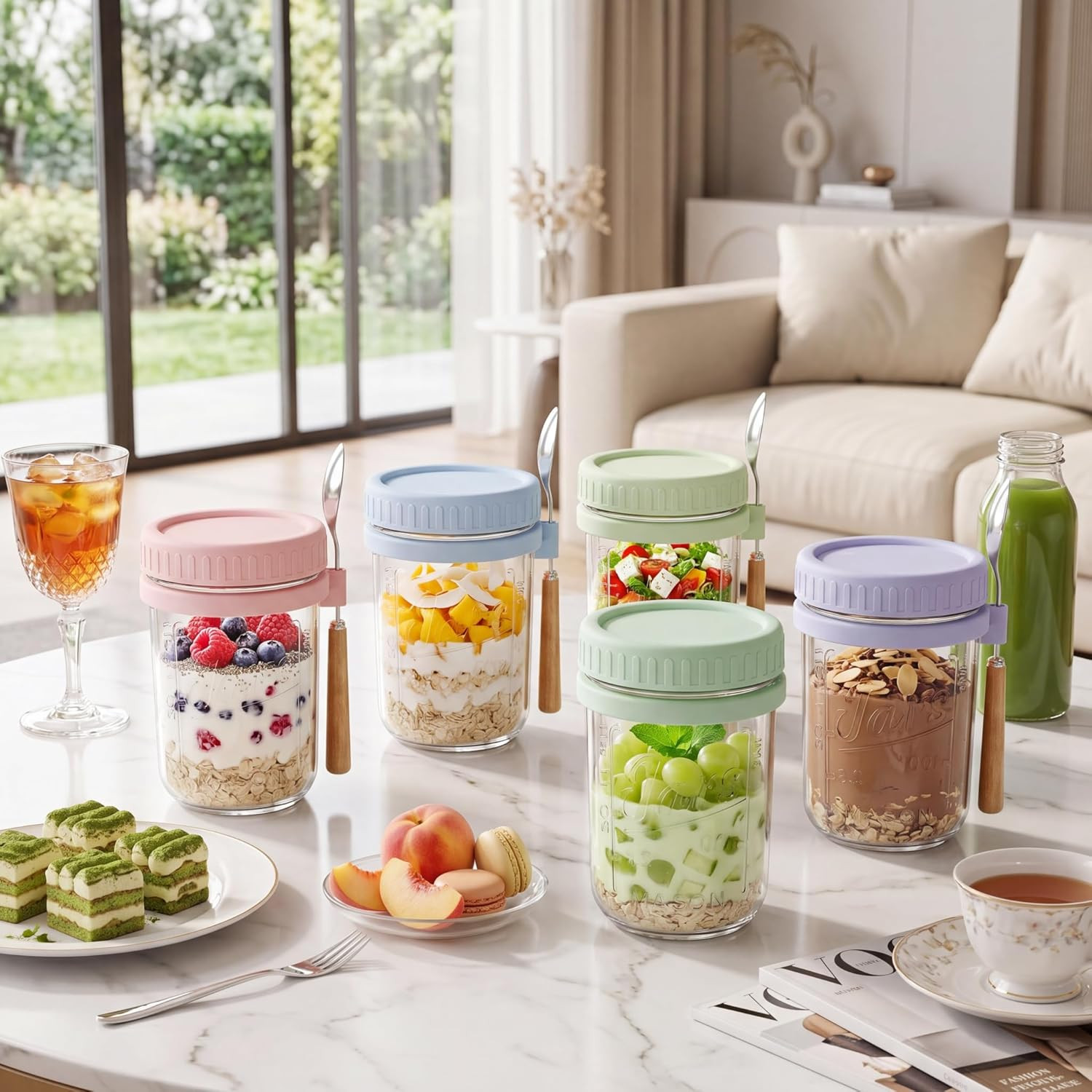 HomArtist 16oz Overnight Oats Containers with Lids and Spoons, 6 Pack Wide Mouth