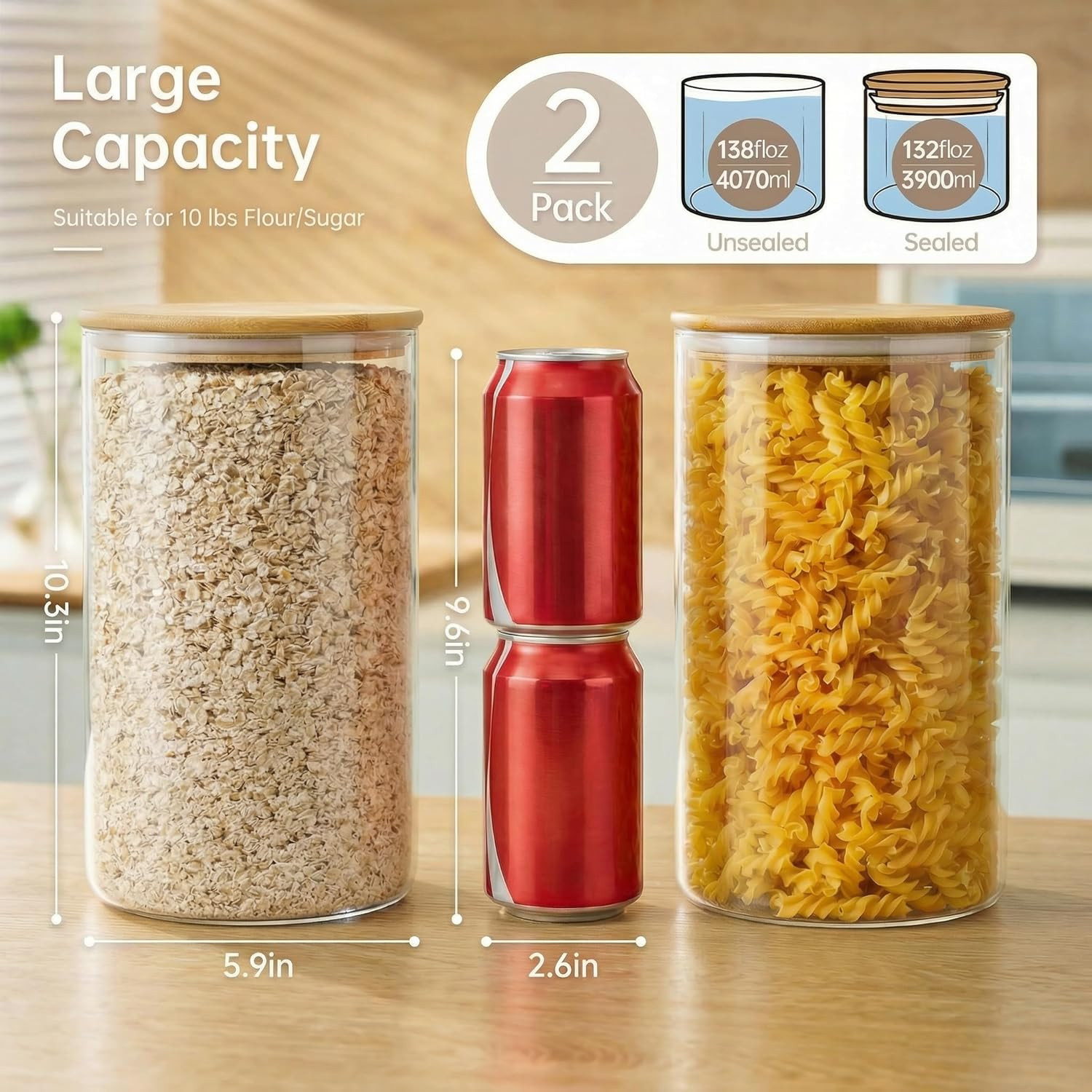 Extra Large Glass Flour and Sugar Storage Containers with Airtight Lids,132 F…