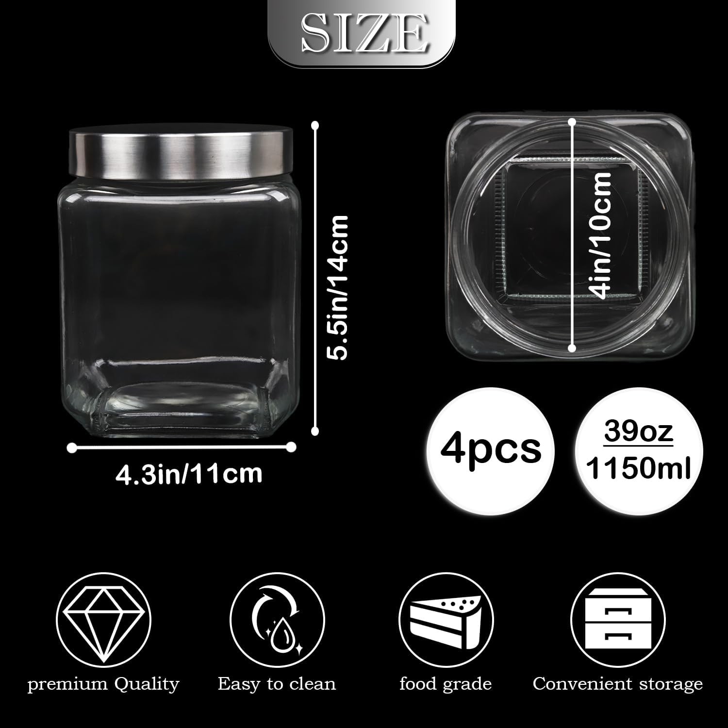 37 oz Square Glass Jars with Lids, 4 Pack Glass Canisters with Metal Lids, Clear