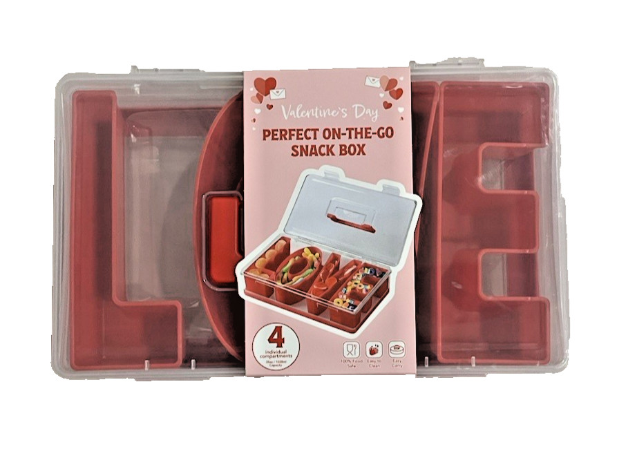 On The Go Snack Box – Snackle Food Storage Container 4 Compartments- LOVE – Red