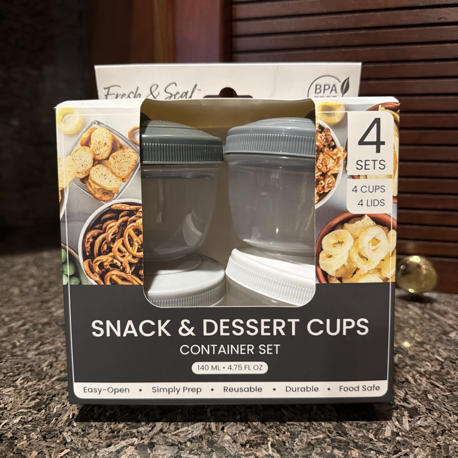 NEW Fresh & Seal Snack & Dessert Cups 4 Container Set 4.75 fl oz Gray/White