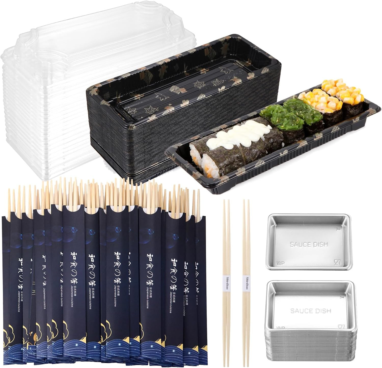 Vajilla Desechable 50 Piezas Bandejas Sushi Palillos Y Platos Soja Para Llevar