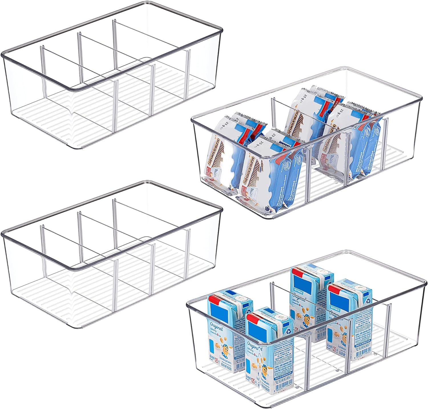 4 Pack Food Storage Organizer Bins, Clear Plastic Bins for Pantry, Kitchen, Frid