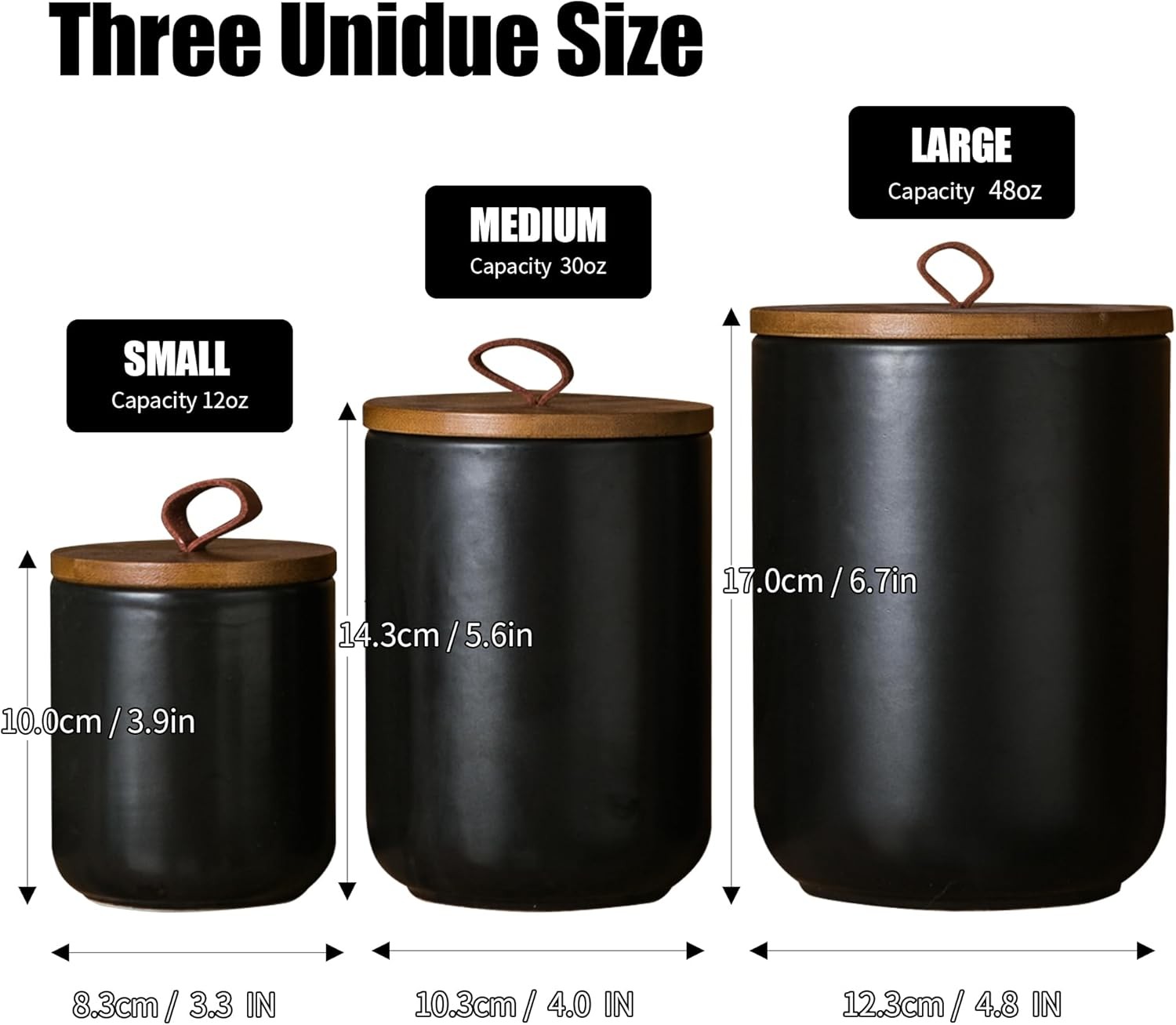 Black Ceramic Canister Set with Wooden Lid, 3-Piece Airtight Food Storage Jars