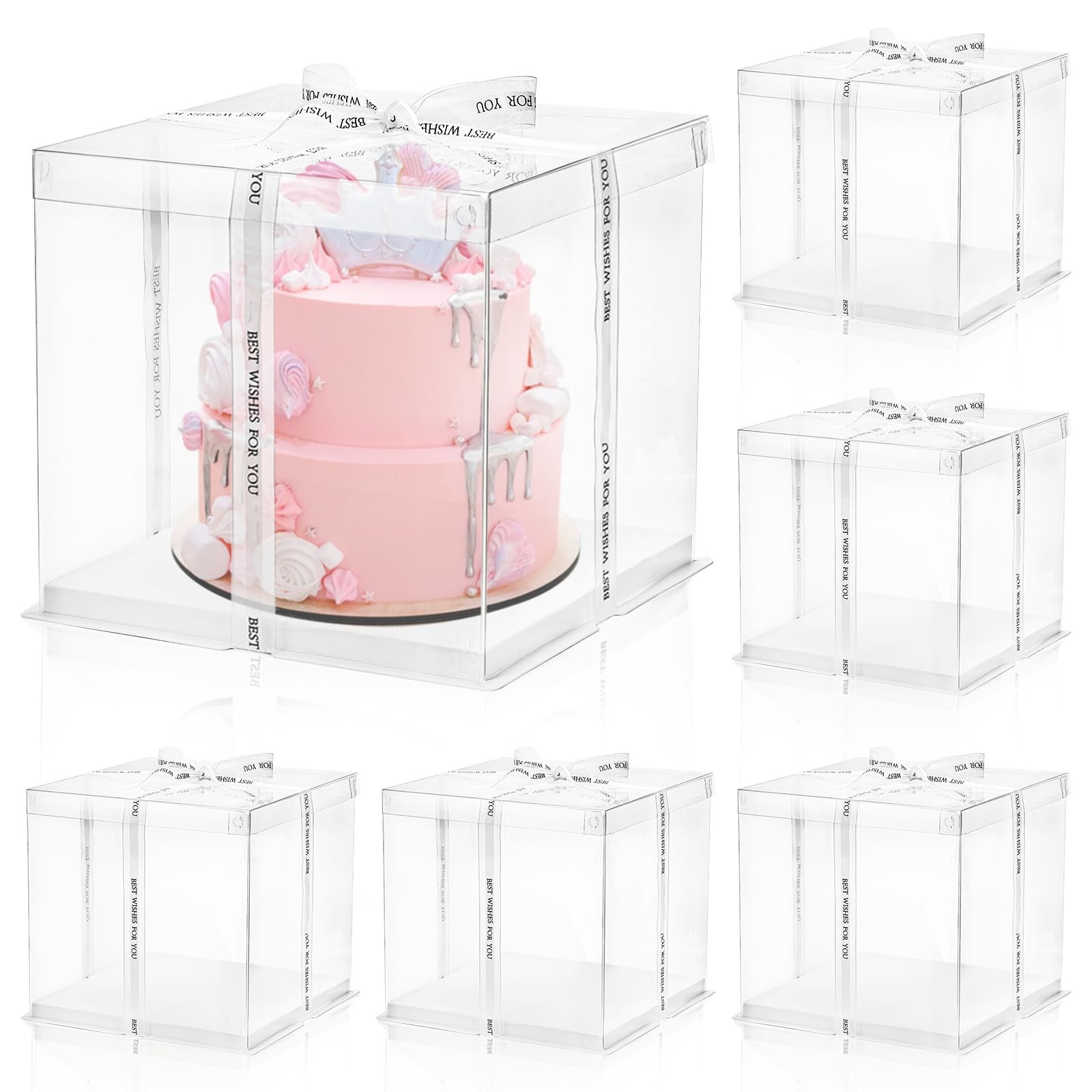 6 Pcs Clear Cake Box With Ribbon 2layer 10x10x10 Inch Transparent Cake Carrier B