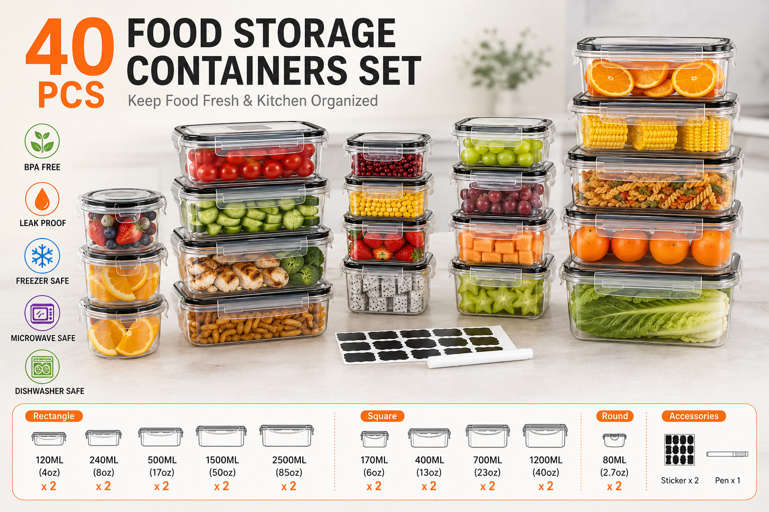 40PCS Airtight Food Storage Containers with Lids BPA Free Leakproof Kitchen Set