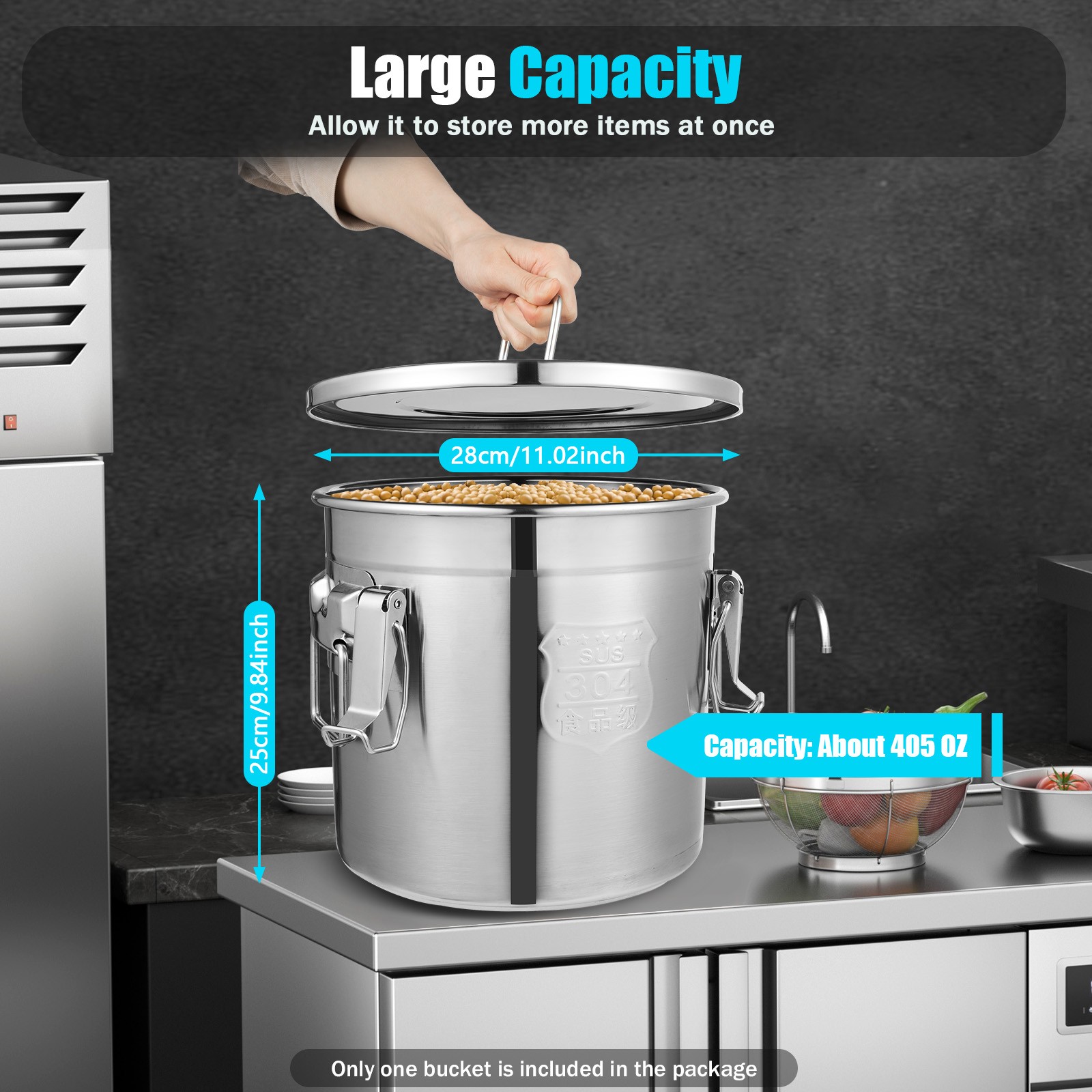 Stainless Steel Cereal Container Metal Pet Food Kitchen Rice Storage Bucket 12L