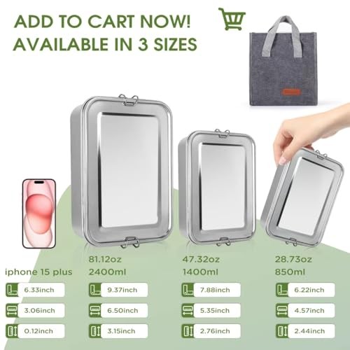 304 Stainless Steel Bento Box 3 Pack Stainless Steel 2400m+1400ml+850ml