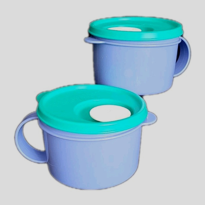 Tupperware Crystalware TWO Soup Mugs Vent Blue/ Turquoise Microwaveable 3155B-4