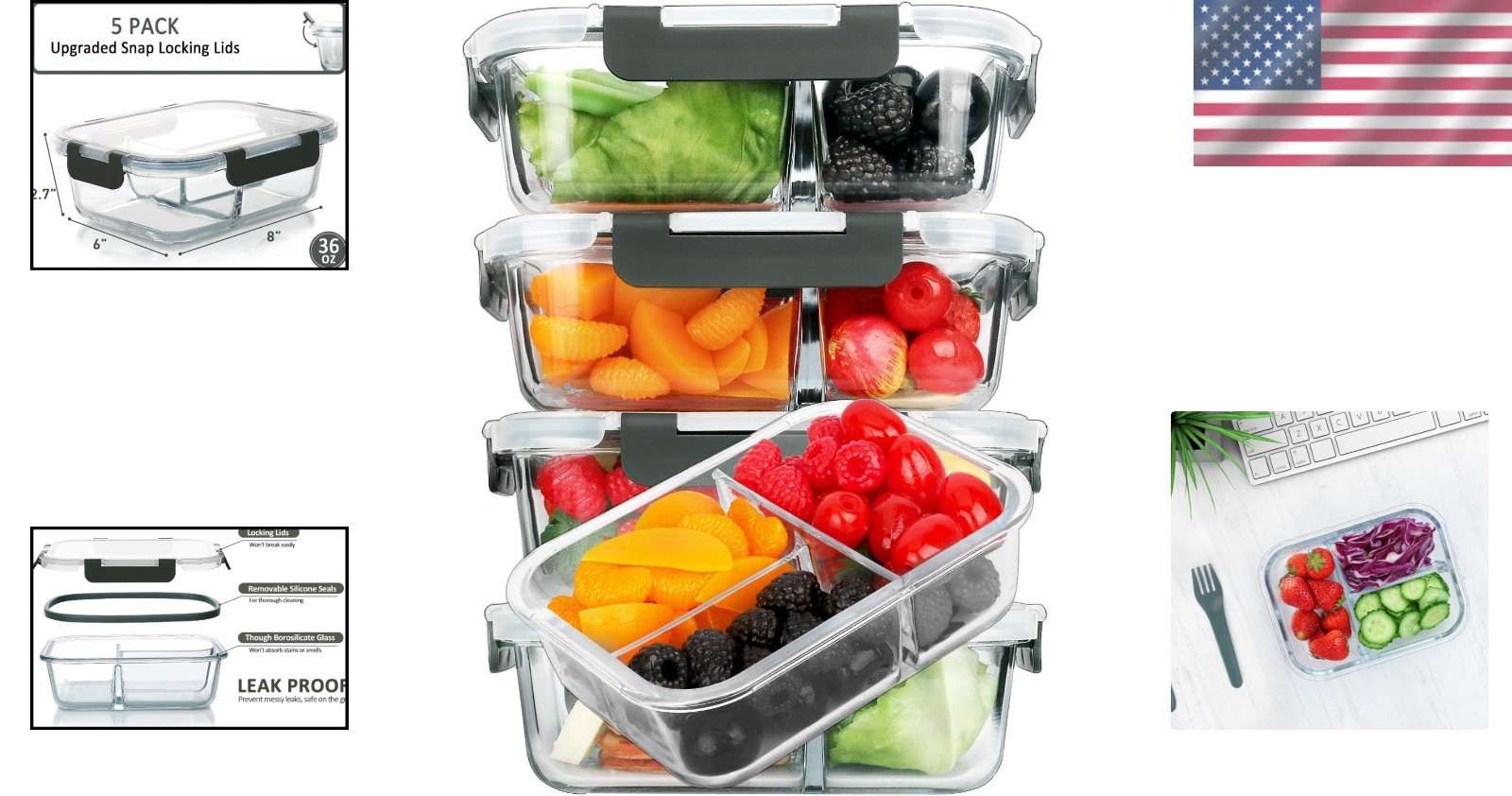 5-Pack 36 oz Borosilicate Glass Meal Prep Containers – Airtight & Microwave Safe