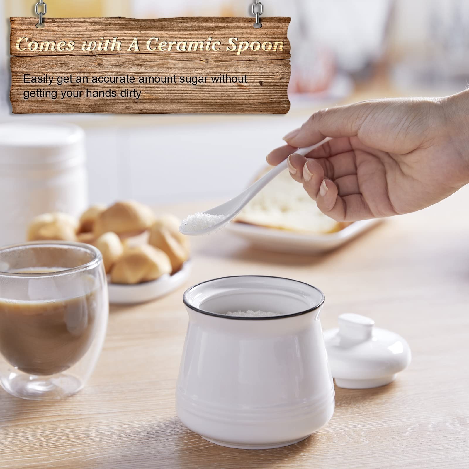 DAYYET Sugar Bowl with Lid and Spoon, 12 oz Ceramic Small, White