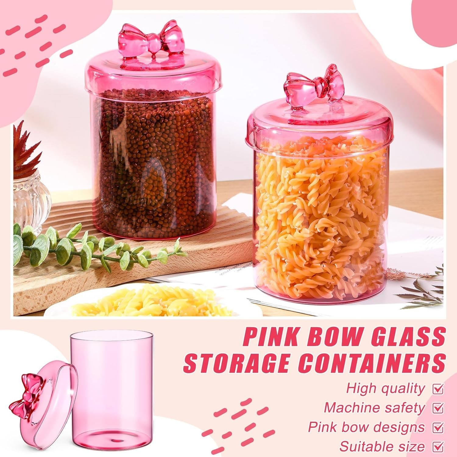2 Pack Glass Candy Jar Storage Containers W/ Airtight Lid 30 oz Cute Food